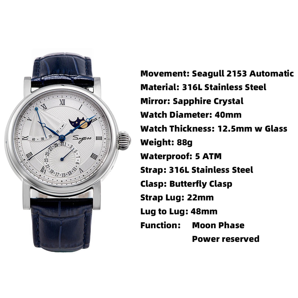 Sugess Moonphase Men's Watch Automatic Mechanical Watches for Tianjin Movement Sapphire Glass Water Resistant Wristwatches New