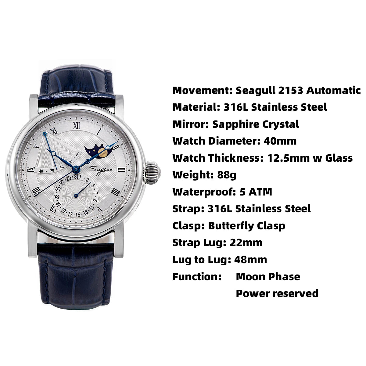 Sugess Moonphase Men's Watch Automatic Mechanical Watches for Tianjin Movement Sapphire Glass Water Resistant Wristwatches New