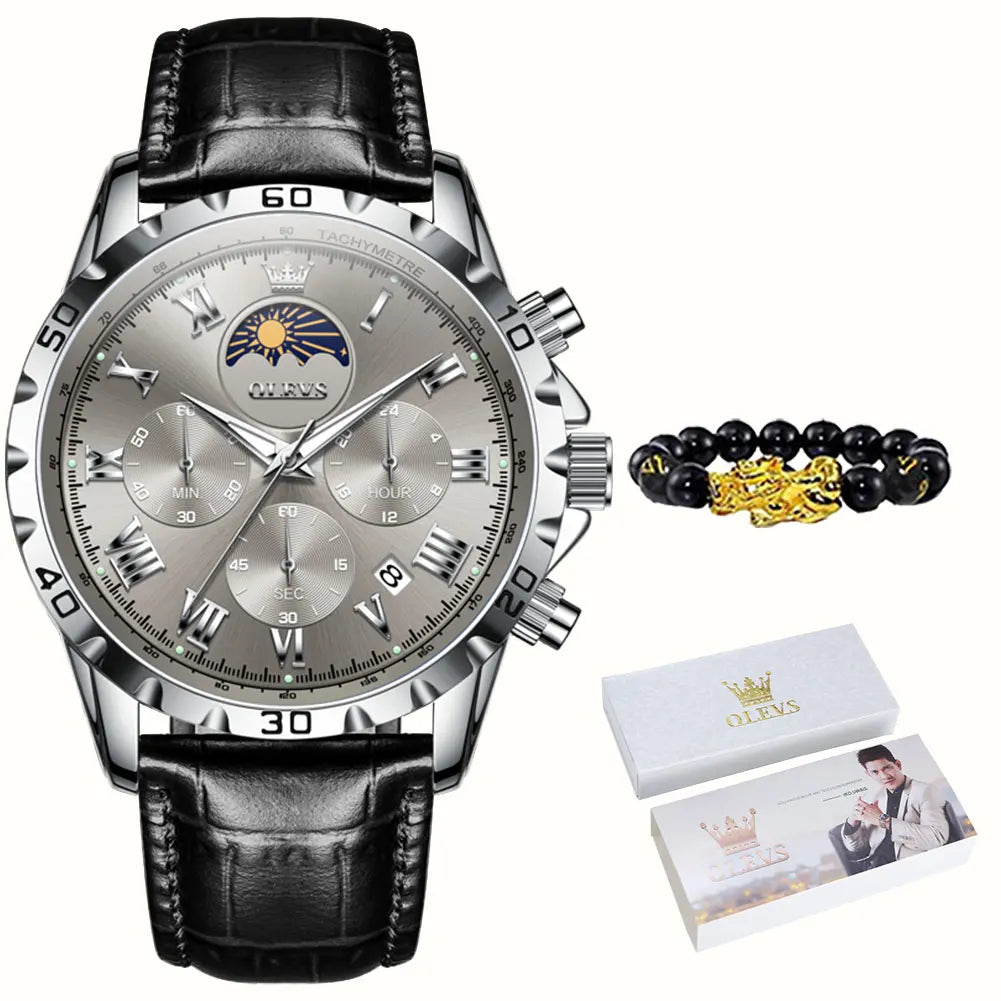 OLEVS 2950 Moon Phase Quartz Watch for Men Multi functional Roman Scale Original Hand Clock Chronograph Business Male Watches