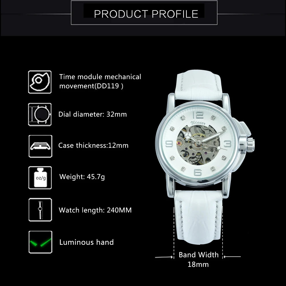 WINNER Fashion Skeleton Mechanical Watch for Women Luxury Rhinestones Dial Elegant Automatic Watches Leather Strap Luminous Hand