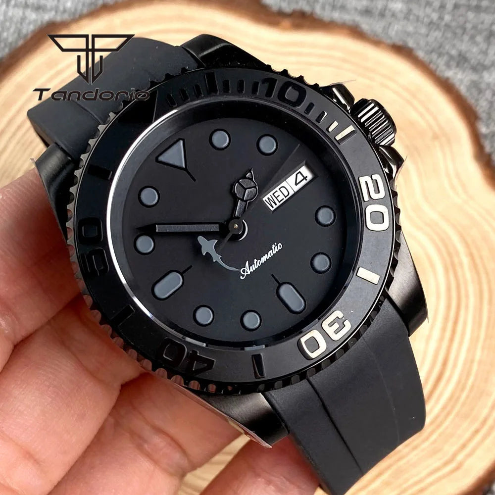Tandorio Black Pvd Case Dress NH36A 40mm Automatic Watch for Men Rubber Strap Week Date Display Ceramic Rotating Bezel Sapphire