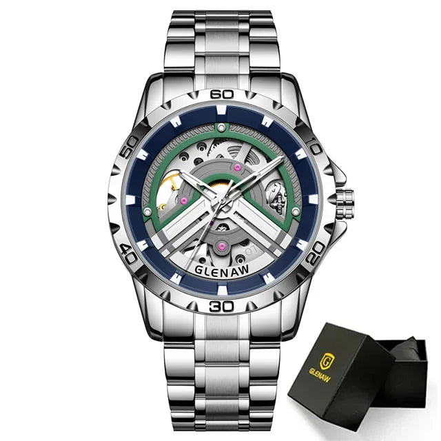 GLENAW Original Brand Skeleton Automatic Movement Man Watch Mechanical Waterproof Male Wrist Watches Fashion Sports Clockwork