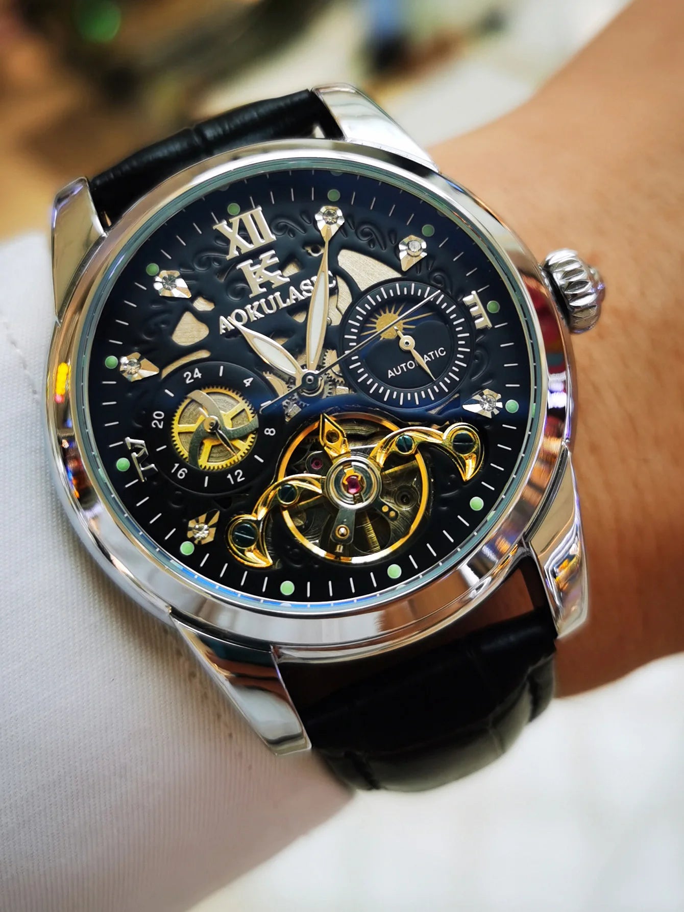 Tourbillon Skeleton Mens Watches Top Brand Luxury Moon Phase 24 Hours Display Iced Out Automatic Mechanical Watch Leather Strap