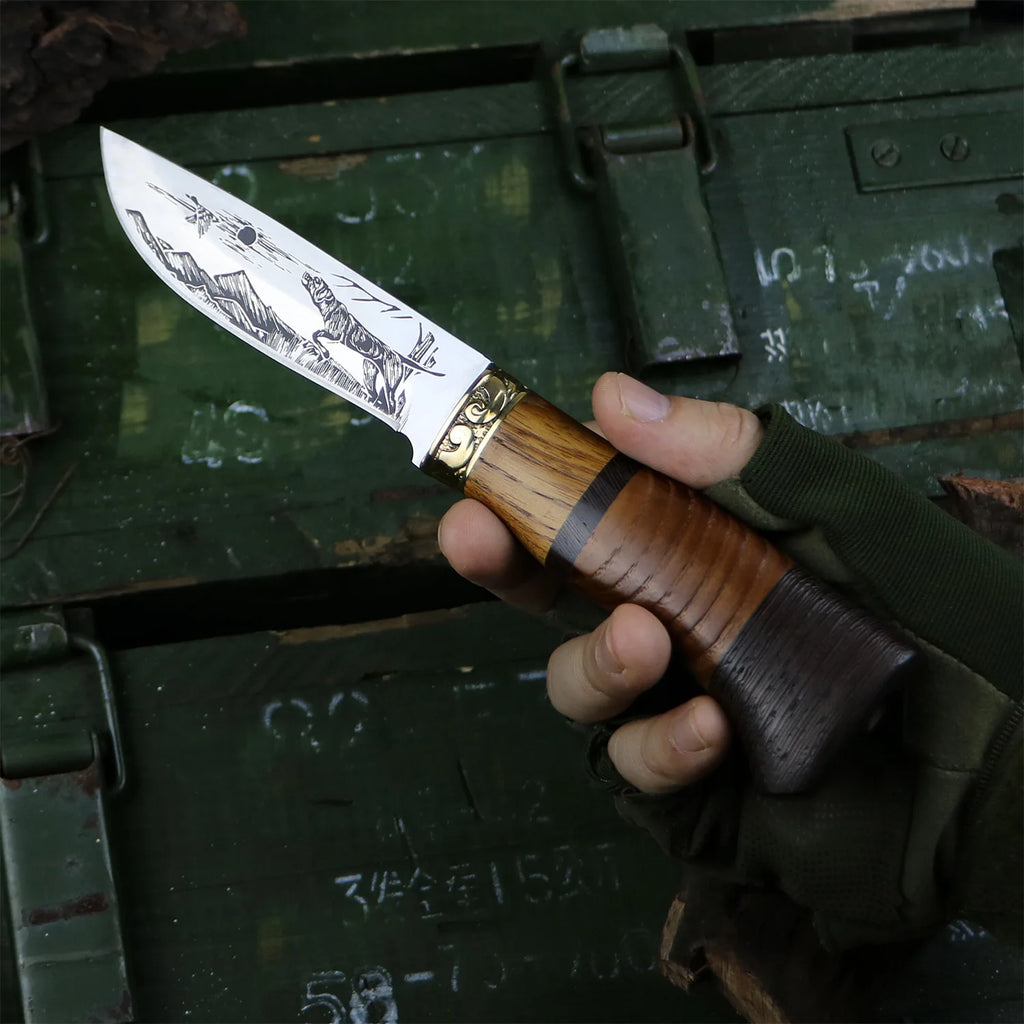 Kitchen Knife Set Beautifully Corroded Pattern Double Solid Wood Splice Copper Head Handle High Hardness Steel Carving Knife
