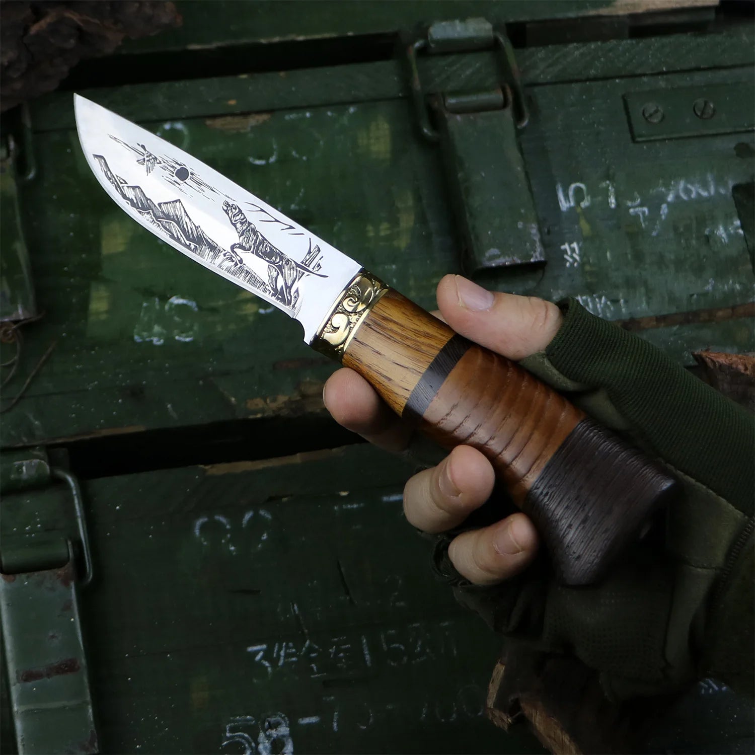 Kitchen Knife Set Beautifully Corroded Pattern Double Solid Wood Splice Copper Head Handle High Hardness Steel Carving Knife