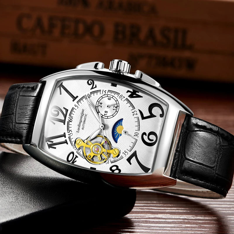 Tourbillon Fully Automatic Hollow Mechanical Watch Men's Large Dial Barrel-Shaped Student Business Watch Fashion Trendy K-Style, Back-Penetrating Movement, Curved Mirror High-End Men's Watch, European Popular Men's Gift Watch