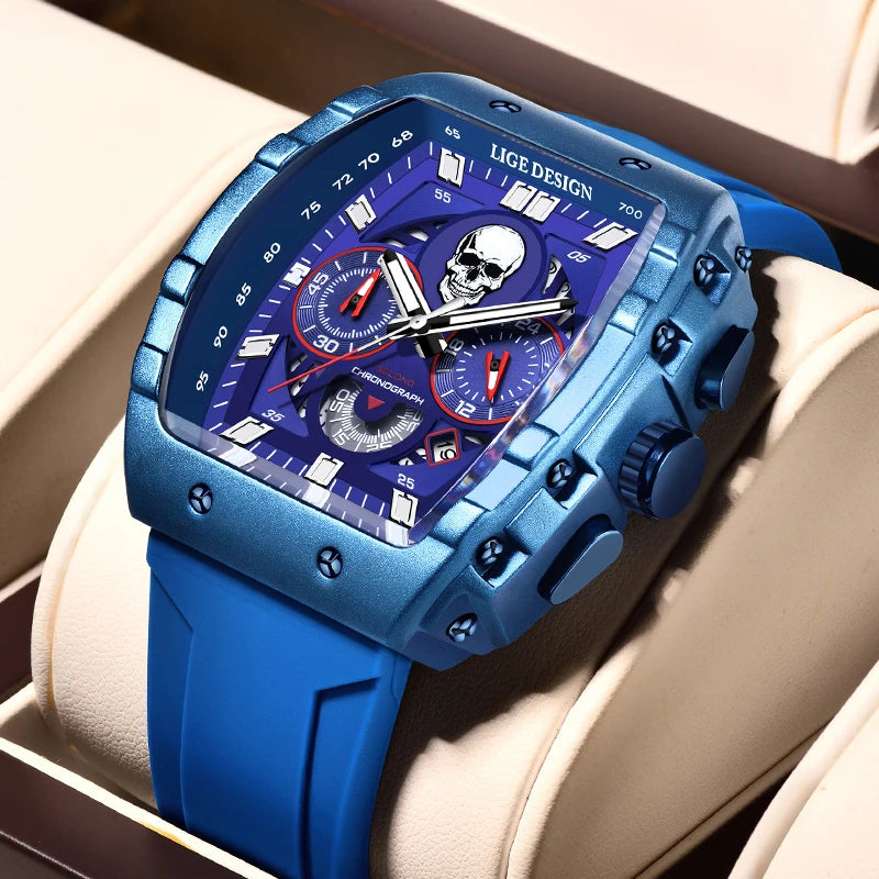 LIGE Brand Mens Watch Skeleton Skull Dial Sports Military Watches Men Fashion Luxury Waterproof Quartz Watch Chronograph Relogio
