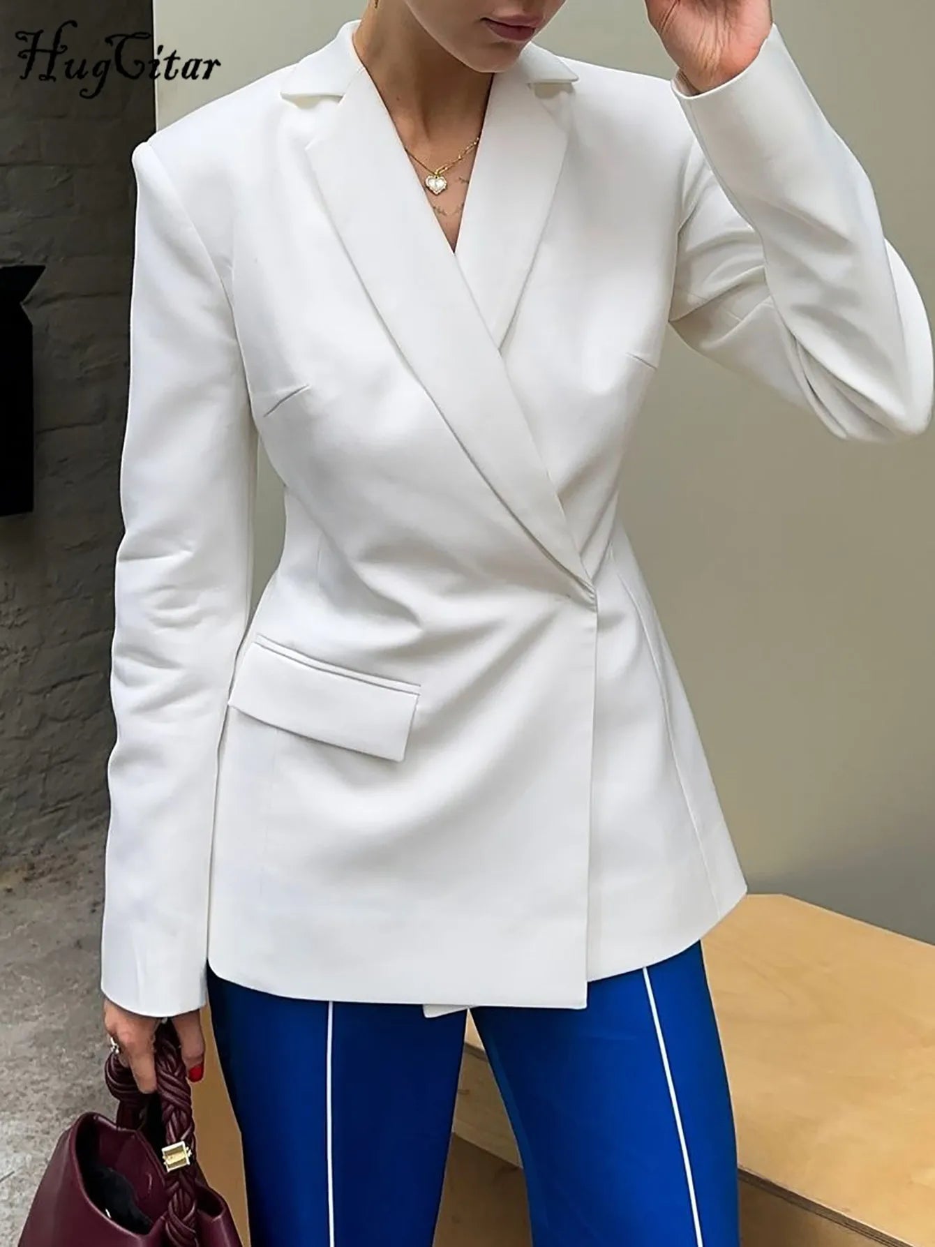 Hugcitar Solid Notched Collar Long Sleeve Button Backless Slip Sexy Oversize Suit Blazer Coat Female Fashion Top Party Vacation