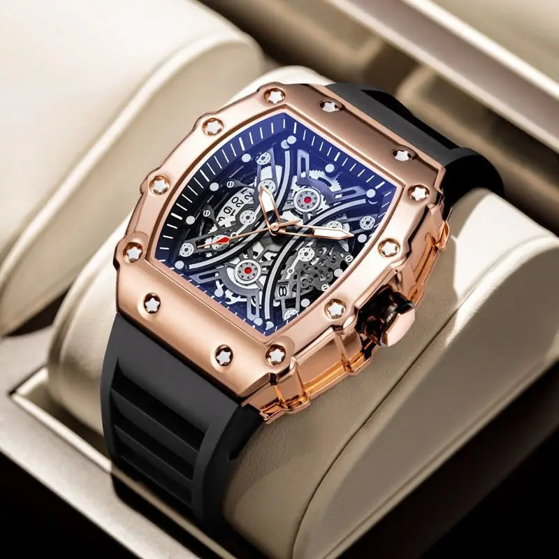 Skeleton Men's Watch Fashion Automatic Movement Barrel Luminous Waterproof Clock Sports Male's Silicone Strap Quartz Wristwatch
