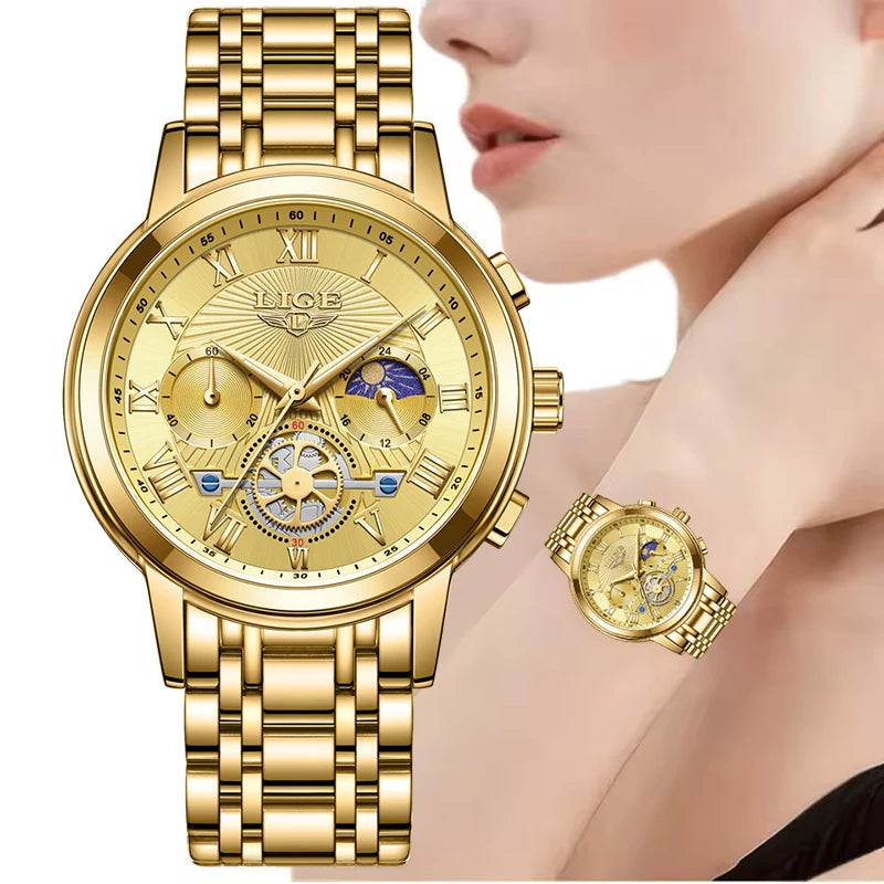 LIGE Creative Moon Phase Watch Women Fashion Elegant Waterproof Women's Quartz Wristwatches Luxury Sport Chronograph Reloj Mujer