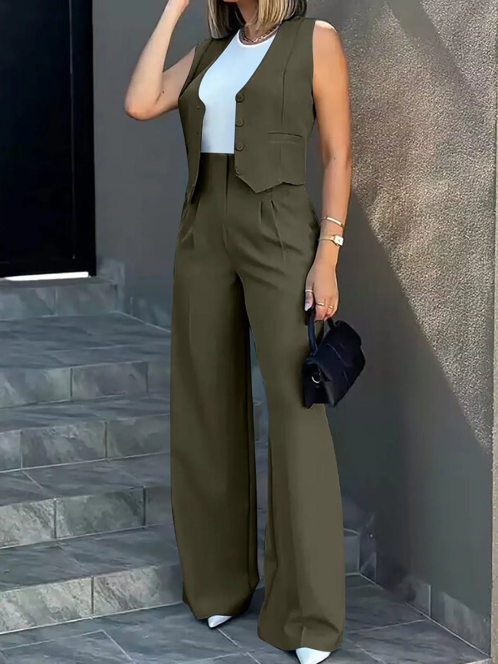 New 2025 Women's Summer Casual 2PCS Pants Sets Solid Vest +Pants Sets Elegant High Waist Wide Leg Outfits Women Matching Sets