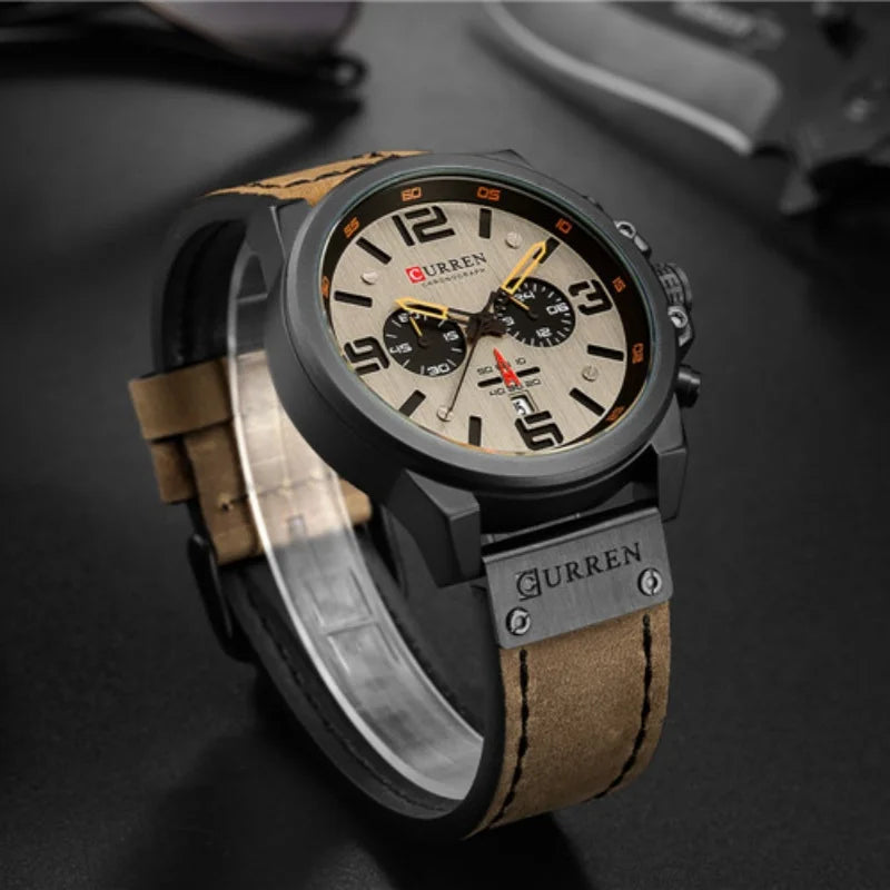 Curren 8314 Men's Chronograph Watch - Multi-Function Sports Leather Strap Timepiece