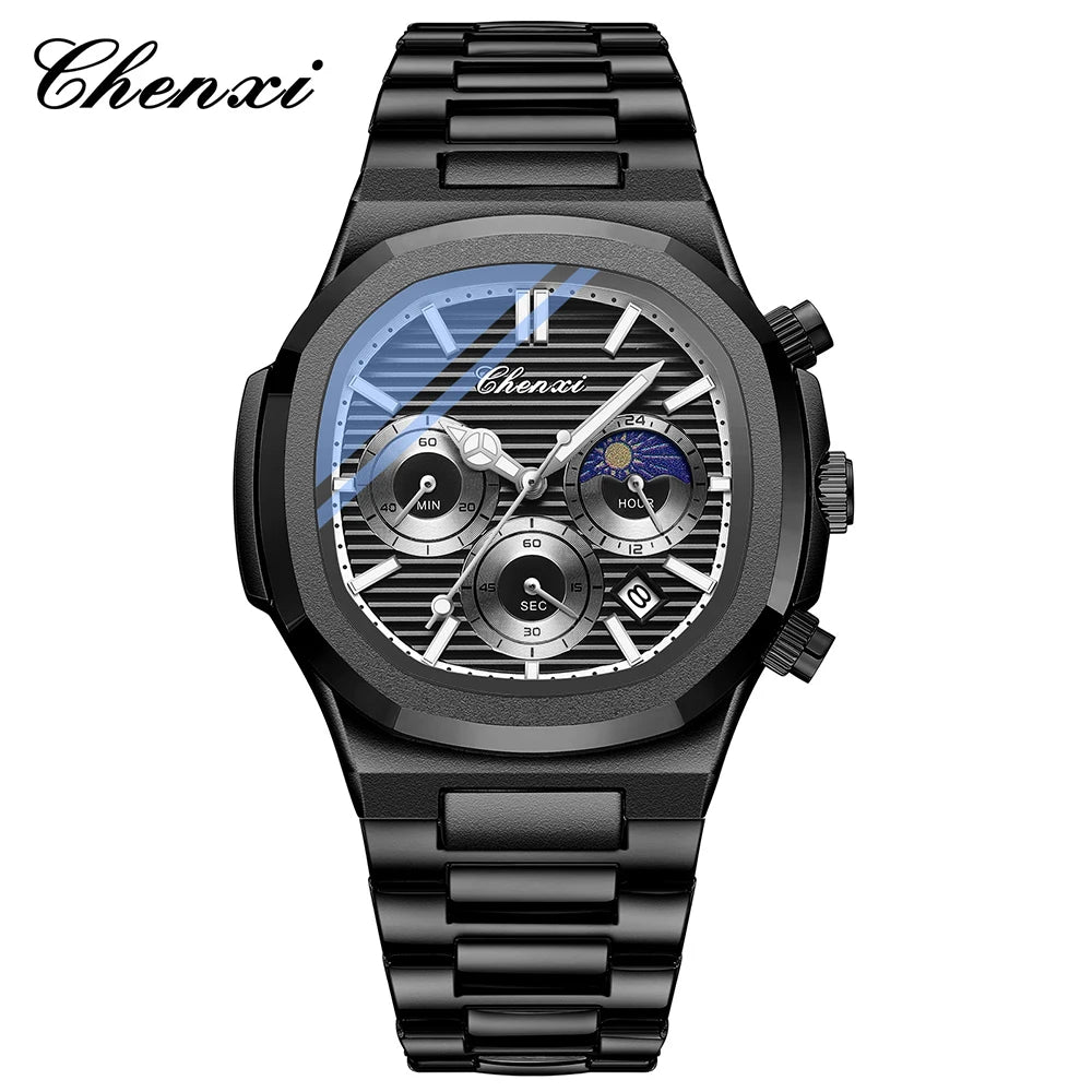 Astronomical Chronograph Watch - Waterproof Moon Phase Calendar with Luminous Steel