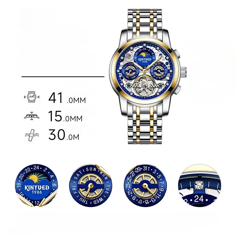 Tourbillon Automatic Watch for Men Diamond Moon Phase Mechanical Mens Watches Waterproof Silver Gold Stainless Steel Wristwatch