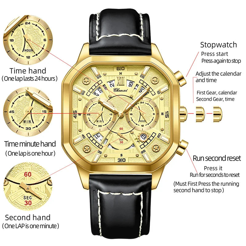 Golden Octagonal Multifunctional Watch - Leather Strap Quartz Timepiece for Men