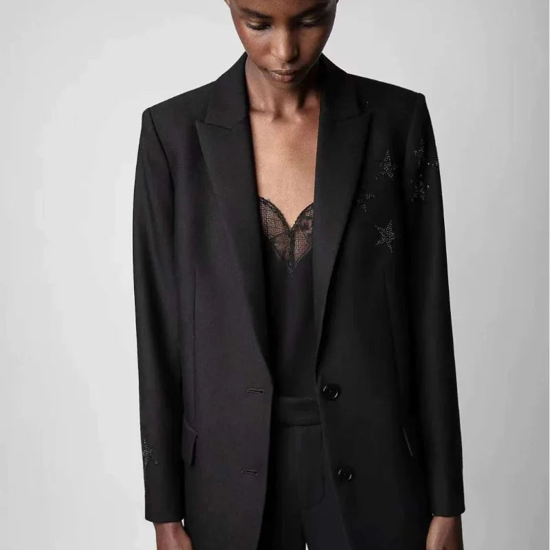 crystal-embellished blazer women peak lapels long sleeves two side flap pockets high fashion autumn winter blazers female