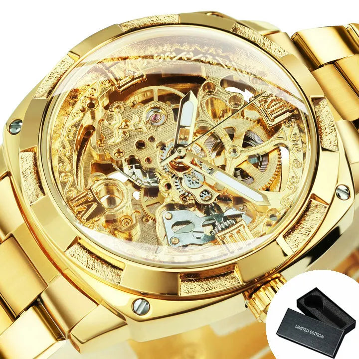 Forsining Square Gold Skeleton Automatic Men Watch Engraved Movement Luminous Hands Mechanical Watches Luxury Stainless Steel