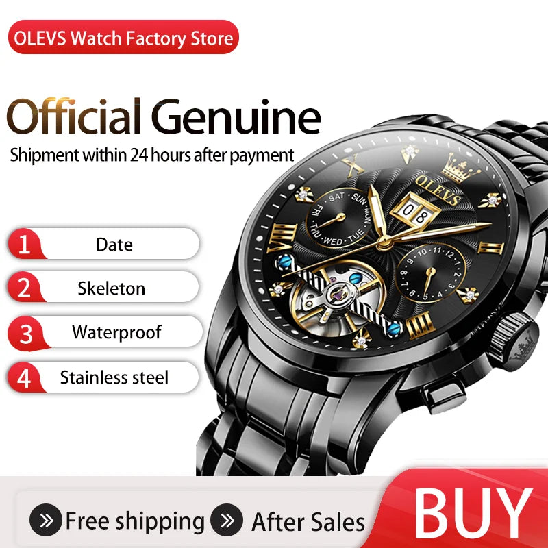 OLEVS Original brand Skeleton Men Watch Luxury Automatic Mechanical watches for man Waterproof Skeleton Luminous reloj hombre