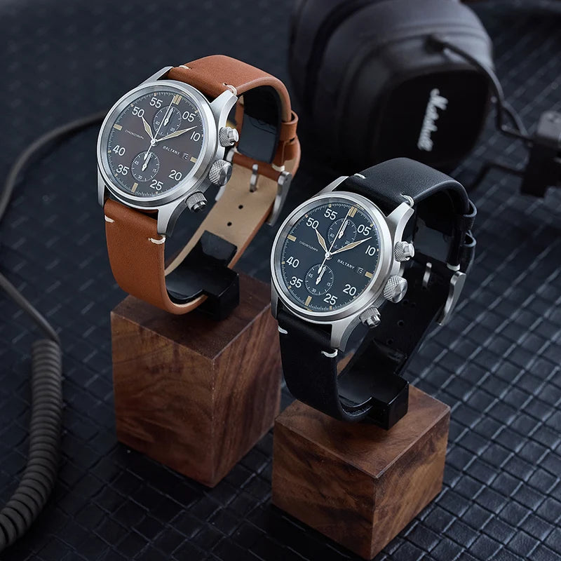 Baltany Solar Watch For Men S6070 10ATM Vintage Luminous Sapphire Crystal AR Coating Military Quartz Pilot Watches Chronograph