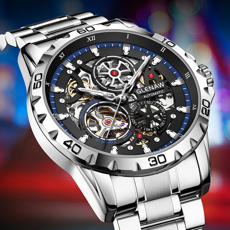 GLENAW Steampunk Skeleton Men's Watch Ring Luxury Automatic Mechanical Watches Luminous waterproof Stainless Steel Strap Watch