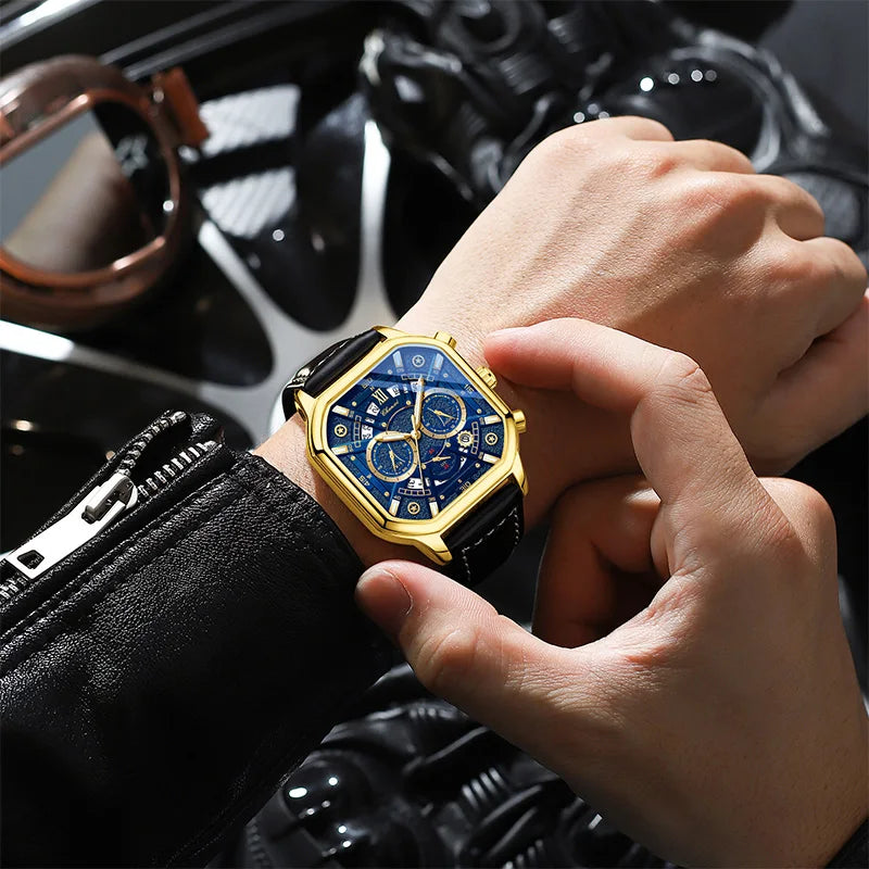 Golden Octagonal Multifunctional Watch - Leather Strap Quartz Timepiece for Men