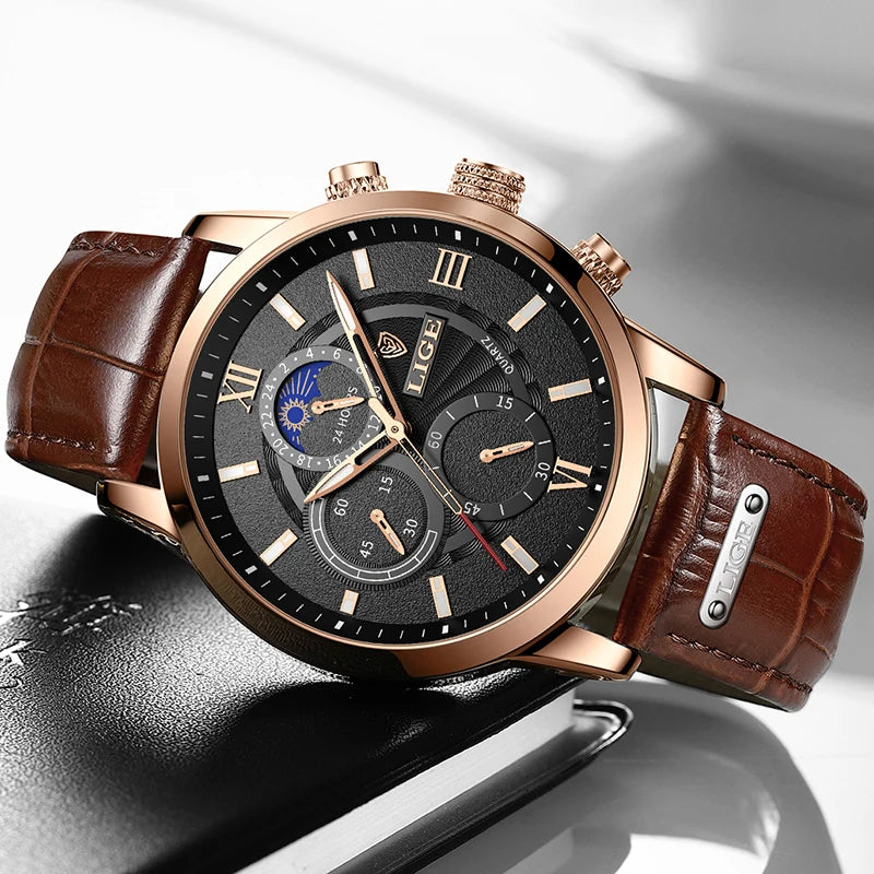 LIGE Cognac Elite 2025 - Premium Brown Leather Waterproof Sport Watch