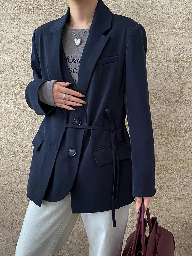 [LANMREM] Designer Asymmetric Spliced Design Lace-up Gathered Waist Blazers For Women Notched Fit Jackets 2025 Winter New 26C565