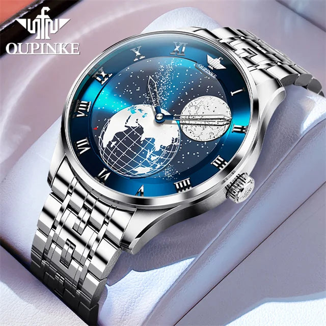 OUPINKE Moon Phase Watch for Men 3D Earth Starry Star Rotating Dial Automatic Mechanical Watches Luxury Brand Men's Moonswatch