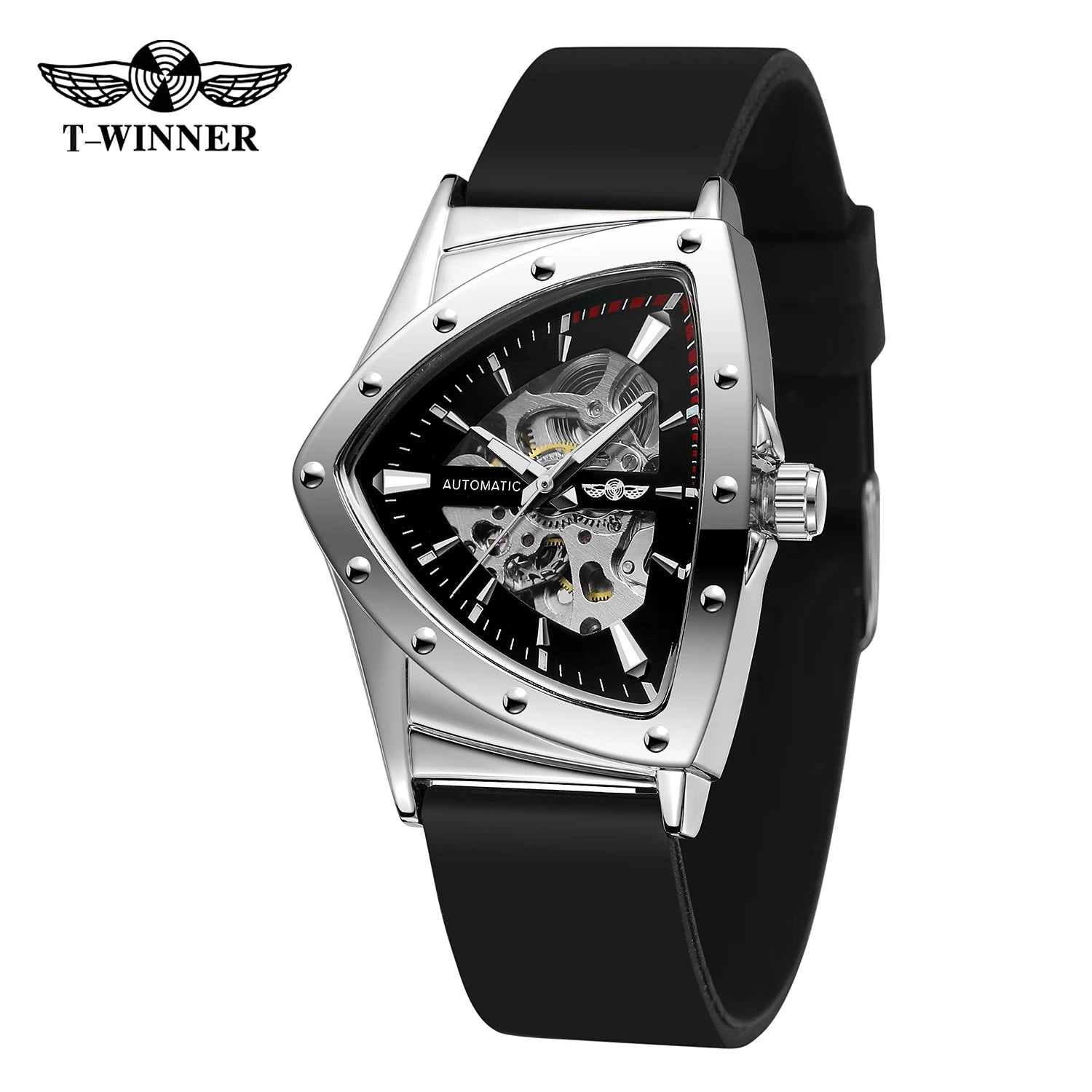 T-Winner High Range Men's Automatic Mechanica Watches Luminous Luxury Tourbillon Gold Wristwatch Rubber Strap Triangle Skeleton
