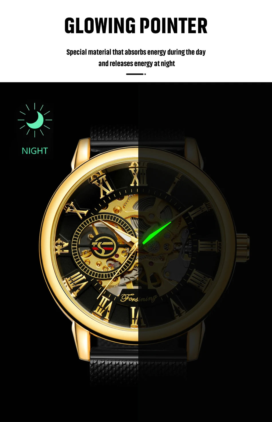 Classic Skeleton Mechanical Watch - Engraved Case with Mesh Strap & Roman Numerals