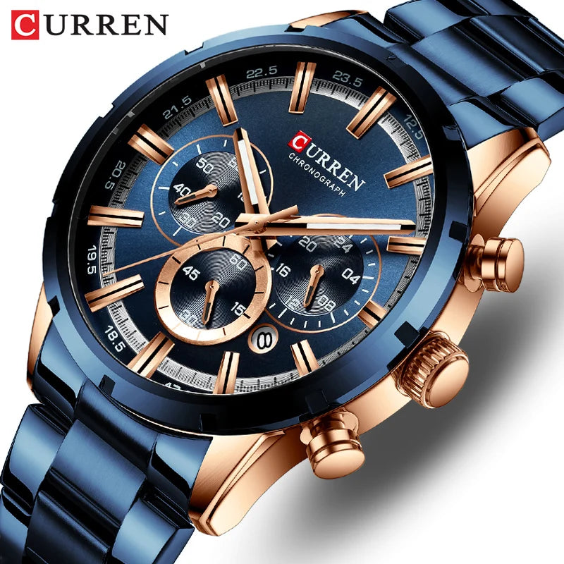 CURREN Men's Full Steel Chronograph Watch - Waterproof Luxury Sports Quartz Timepiece