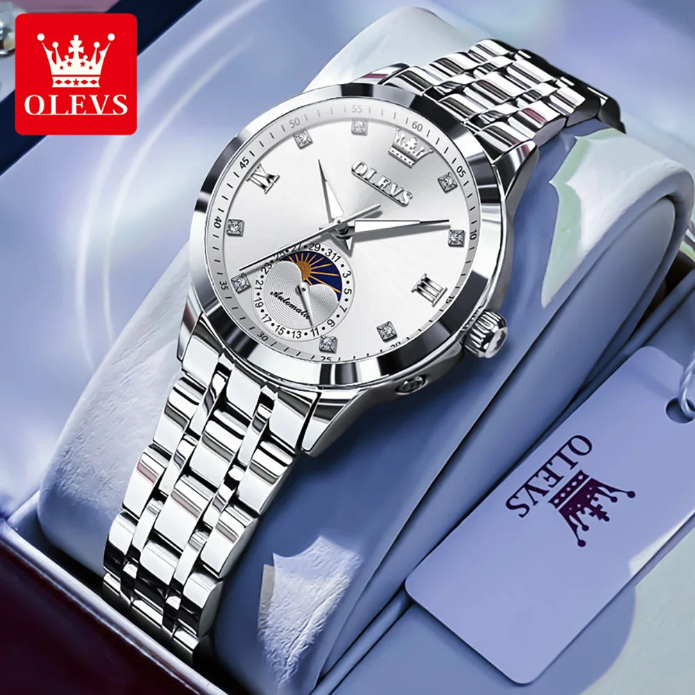 OLEVS Fashion Date Women's Watches Moon Phase 30m Waterproof Automatic Mechanical Watch for Lady Stainless Steel Brand Luminous