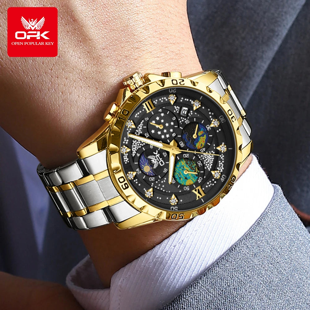 OPK Moon Phase Men's Watches Multi-function Timing code Luminous Waterproof Watch for Man