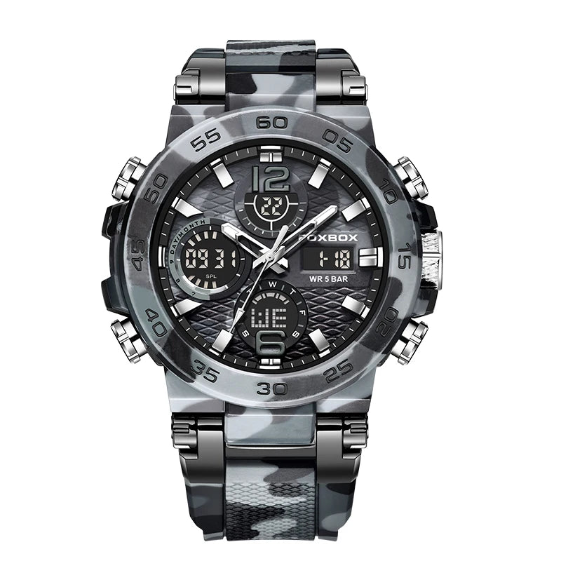 FOXBOX Fashion Mens Watch Dual Display Military Sports Man Watch Digital LED Luminous Calendar Waterproof Quartz Watches For Men