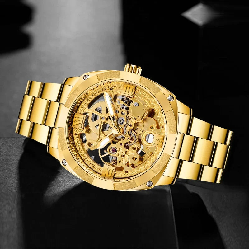 Full Golden Skeleton Automatic Watch - Retro Luxury Mechanical with Luminous Hands