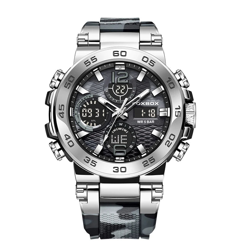 FOXBOX Fashion Mens Watch Dual Display Military Sports Man Watch Digital LED Luminous Calendar Waterproof Quartz Watches For Men
