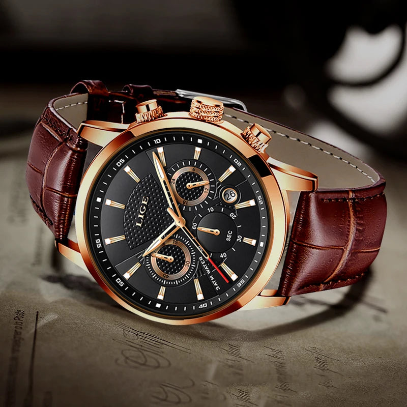 2025 LIGE Top Brand Luxury Casual Leather Quartz Men Watch Man Business Clock Male Sport Waterproof Date Chronograph Men Watches