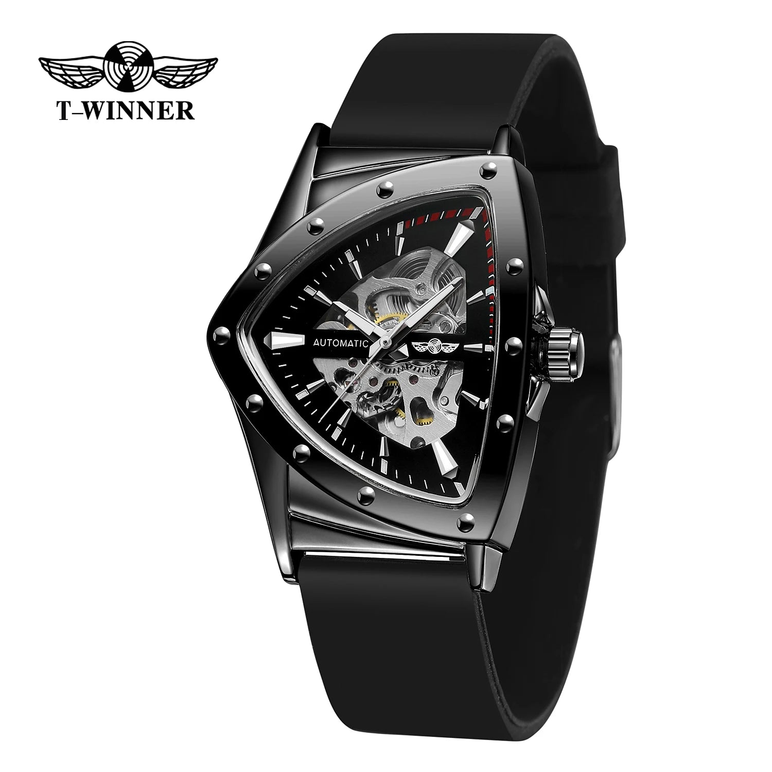 T-Winner High Range Men's Automatic Mechanica Watches Luminous Luxury Tourbillon Gold Wristwatch Rubber Strap Triangle Skeleton