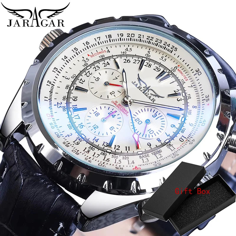 Jaragar Aviator Pro - Pilot Calendar Automatic Sport Watch with Leather Strap