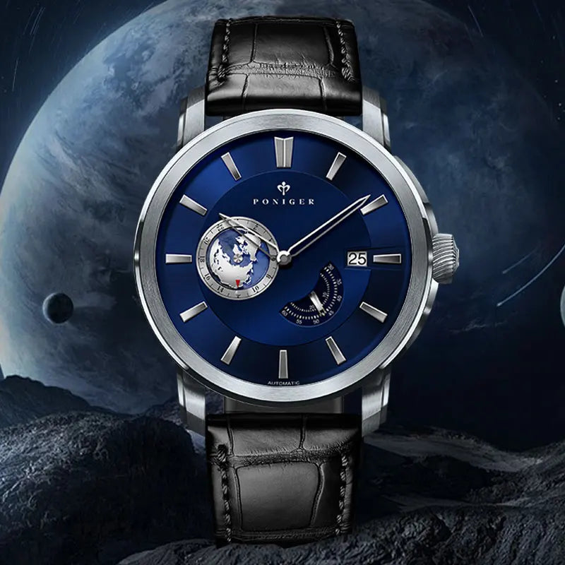 Top Brand New Japanese Automatic Men Watch Rotating Earth Calendar Multifunction Watch Stainless Steel Waterproof Clock PONIGER