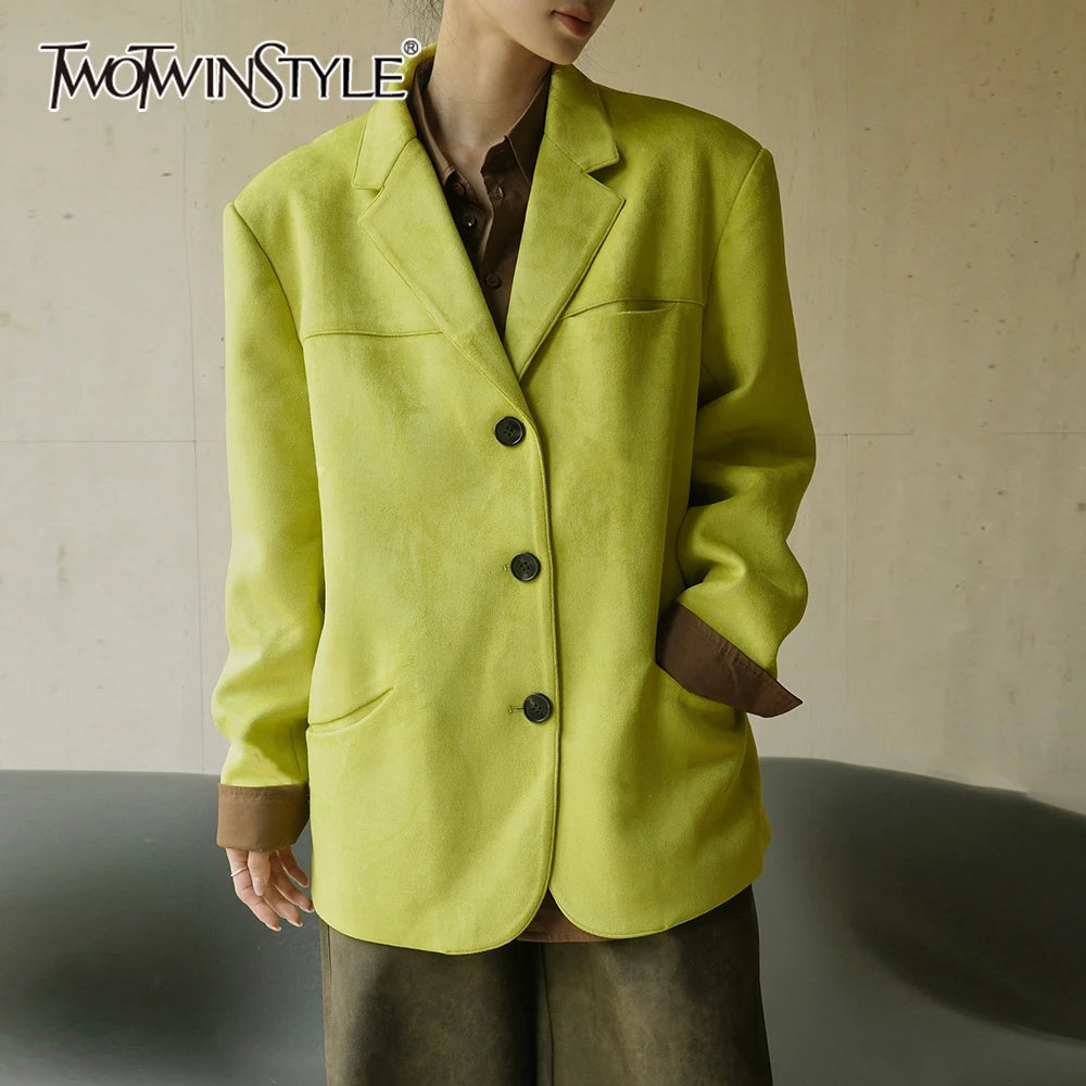 TWOTWINSTYLE Solid Patchwork Button Blazers For Women Lapel Long Sleeve Temperament Loose Coats Female Fashion Style Fashion New