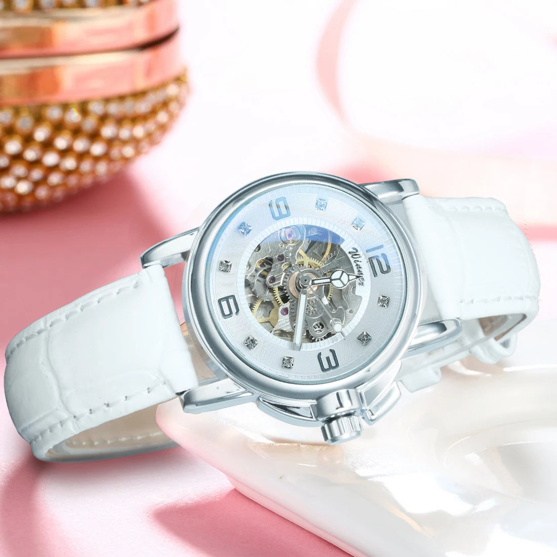 WINNER Fashion Skeleton Mechanical Watch for Women Luxury Rhinestones Dial Elegant Automatic Watches Leather Strap Luminous Hand