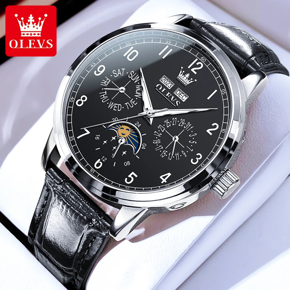 OLEVS 6698 Mens Watch Moon Phase Mechanical Watch for Men Number 42mm Big Dial Leather Hand Clock Waterproof Automatic Man Watch