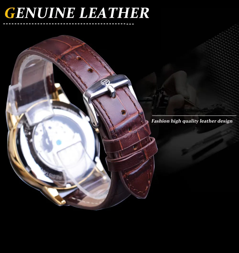 Forsining Moon Phase Automatic Watch Royal Men's Golden Mechanical Wristwatches Casual Genuine Leather Tourbillon Business Clock