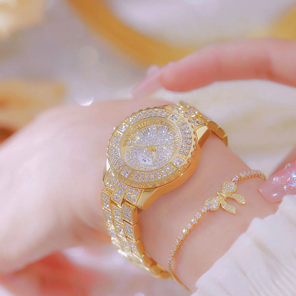 Luxury Diamond Watches For Women Fashion Dress Gold Women's Wristwatch Rhinestone Quartz Ladies Golden Stainless Steel Watch New