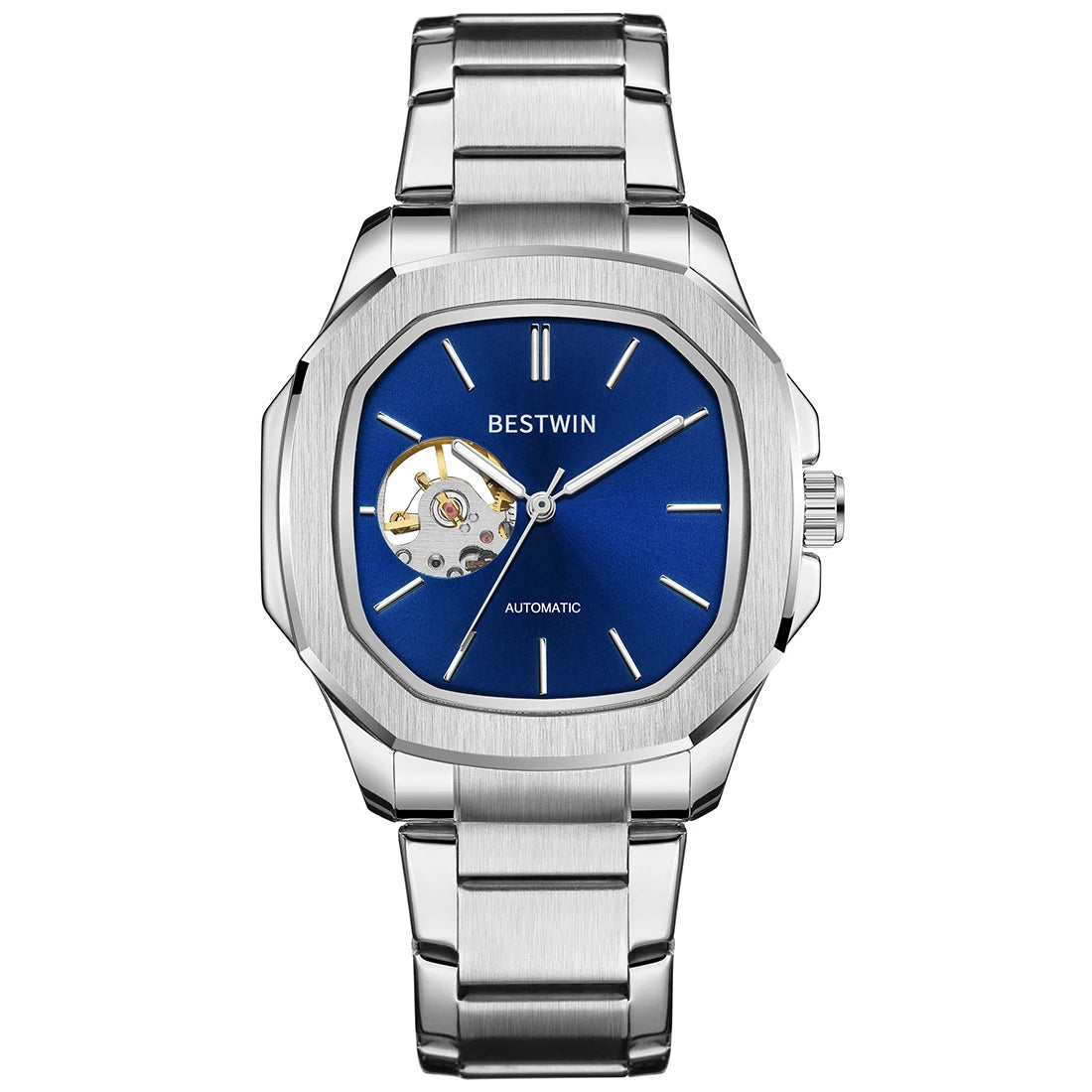 Skeleton Hollow Men Automatic Mechanical Watch Steampunk Sliver Blue Full Steel Waterproof Wrist Watches Male Mechanism Clock