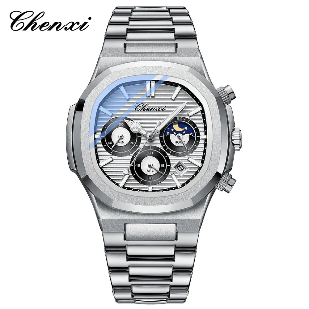 Astronomical Chronograph Watch - Waterproof Moon Phase Calendar with Luminous Steel