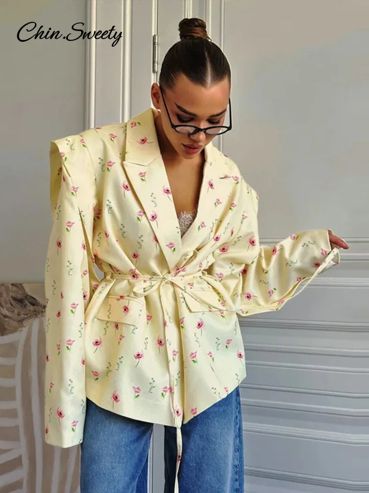 Fashion Printed Women's Blazer Coat Loose Lapel Long Sleeve Lace Up One Button Jacket Female 2025 Spring All-match Streetwear