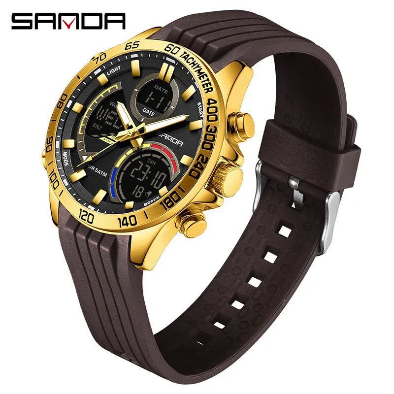 SANDA 6269 Dual Display Electronic Watch Men's Dual Movement 5ATM Waterproof Night Light Three Ground Time Student Sports Watch