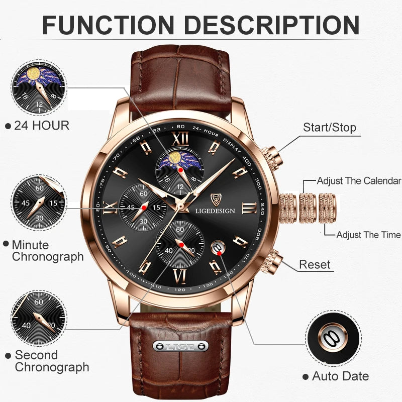 LIGE Luxe Moderne - Fashion Leather Waterproof Luminous Dress Watch